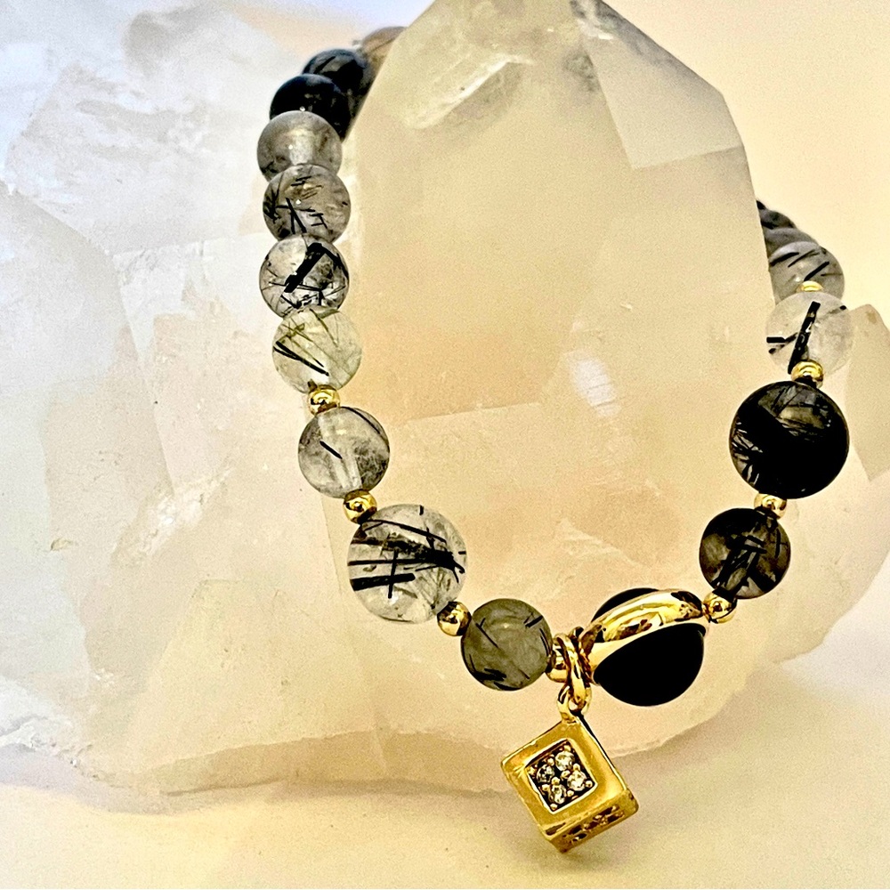 GENUINE RUTILATED ROCK CRYSTAL QUARTZ, BLACK ONYX, CHARM BEAD BRACELET